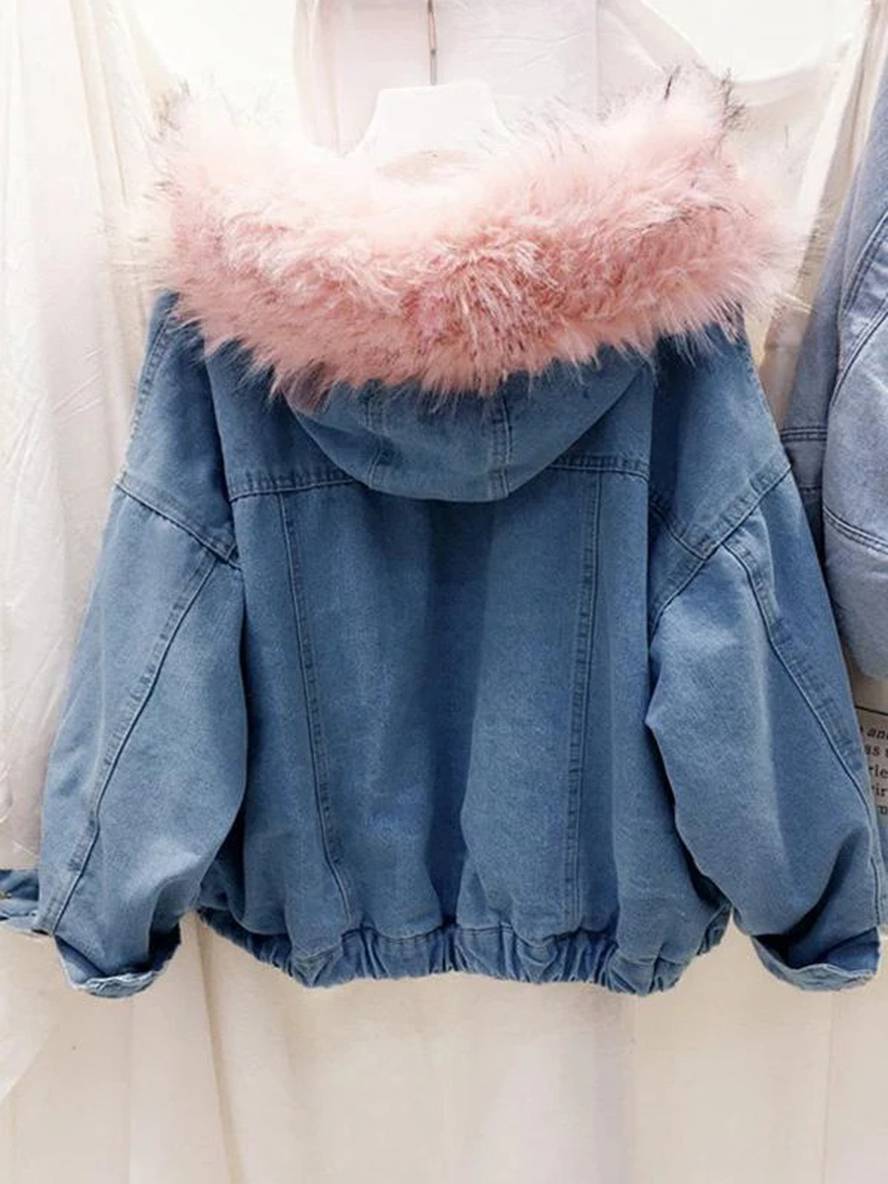 Cocolii vestes en jean belly fausse fourrure doubl¨¦ polaire capuche chic femme manteau bleu