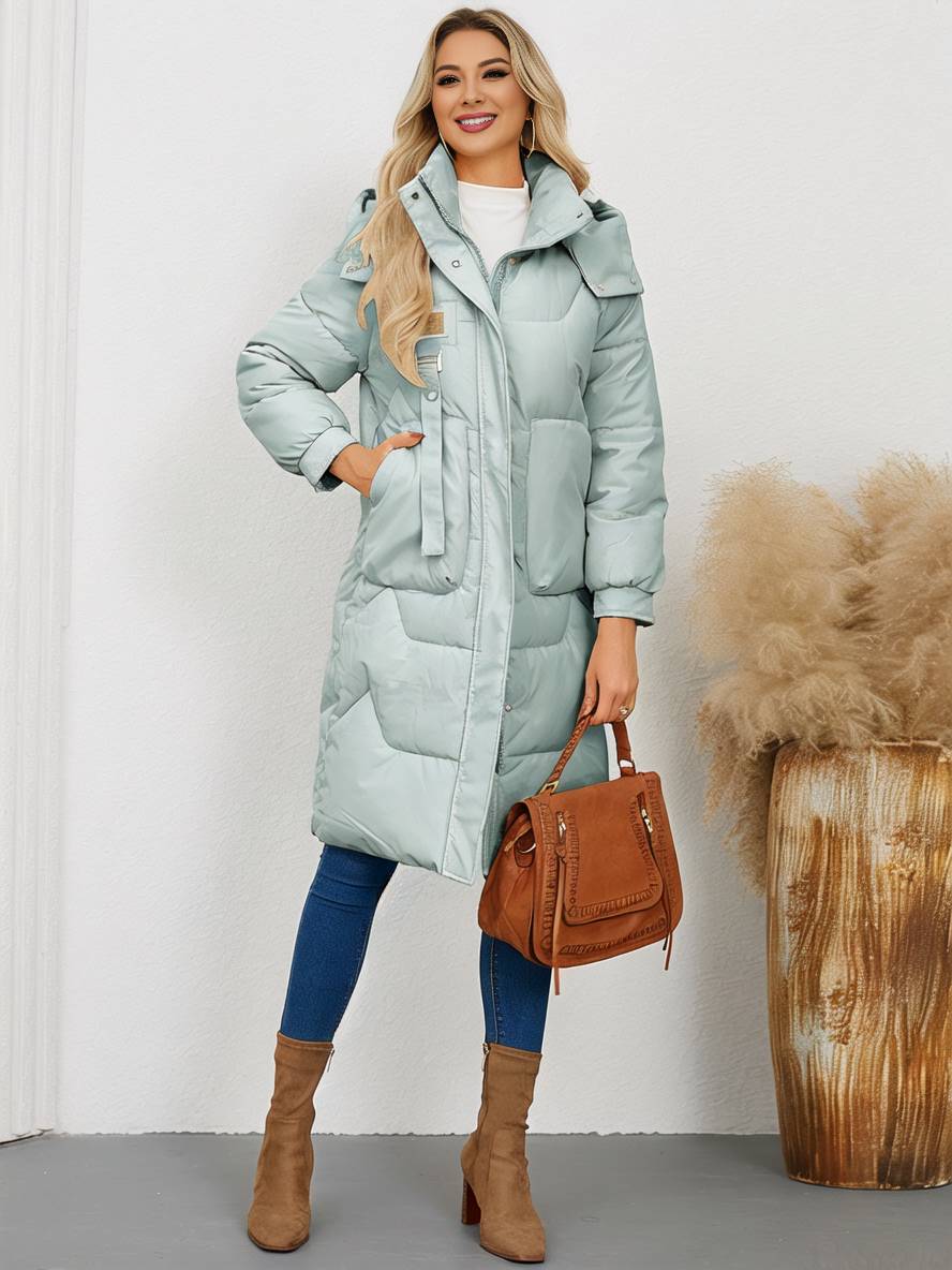 Cocolii longue manteau doudoune unicolore col montant fermeture ¨¦clair boutonnage poches femme ¨¦l¨¦gant d¨¦contract¨¦ veste