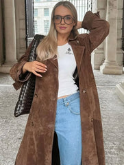 Cocolii longue manteau suedine double boutonnage ceinture col revers manches longues femme ¨¦l¨¦gant d¨¦contract¨¦ ample veste