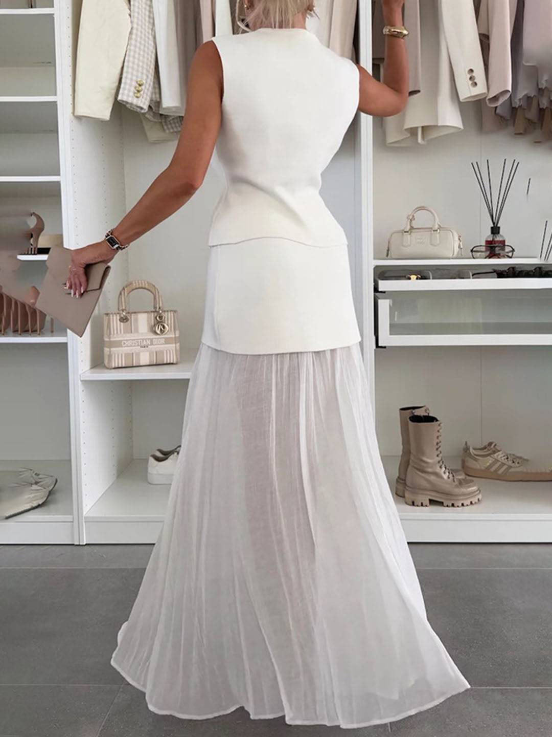 Cocolii tenu ensembles tailleur v-cou sans manches gilet et jupe tulle fluide d¨¦contract¨¦ chic pour vacances deux pi¨¨ces