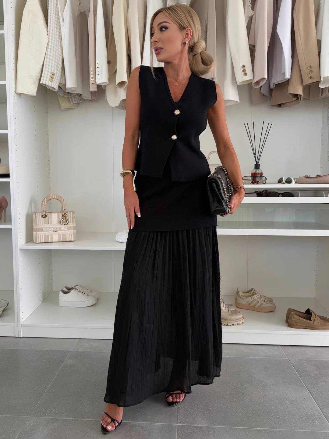 Cocolii tenu ensembles tailleur v-cou sans manches gilet et jupe tulle fluide d¨¦contract¨¦ chic pour vacances deux pi¨¨ces