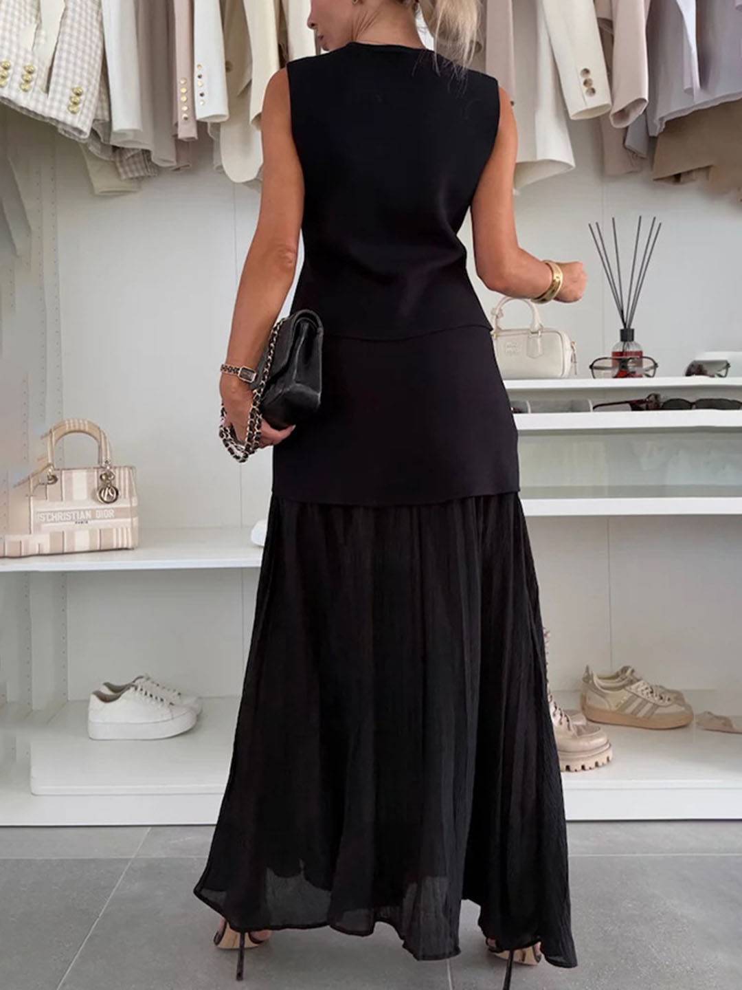 Cocolii tenu ensembles tailleur v-cou sans manches gilet et jupe tulle fluide d¨¦contract¨¦ chic pour vacances deux pi¨¨ces
