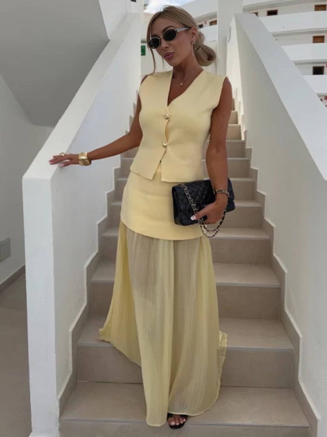 Cocolii tenu ensembles tailleur v-cou sans manches gilet et jupe tulle fluide d¨¦contract¨¦ chic pour vacances deux pi¨¨ces