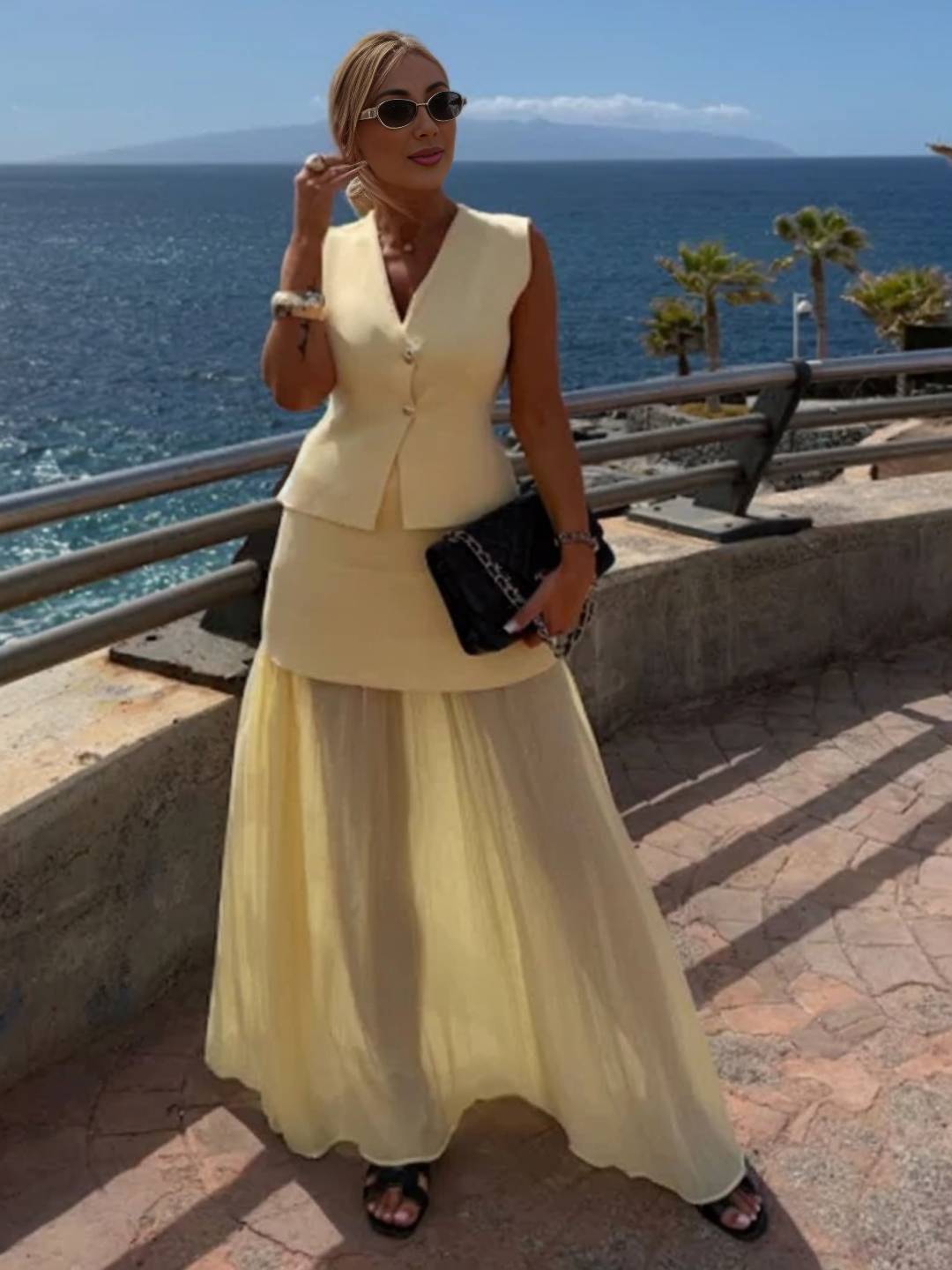 Cocolii tenu ensembles tailleur v-cou sans manches gilet et jupe tulle fluide d¨¦contract¨¦ chic pour vacances deux pi¨¨ces