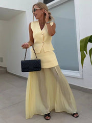 Cocolii tenu ensembles tailleur v-cou sans manches gilet et jupe tulle fluide d¨¦contract¨¦ chic pour vacances deux pi¨¨ces