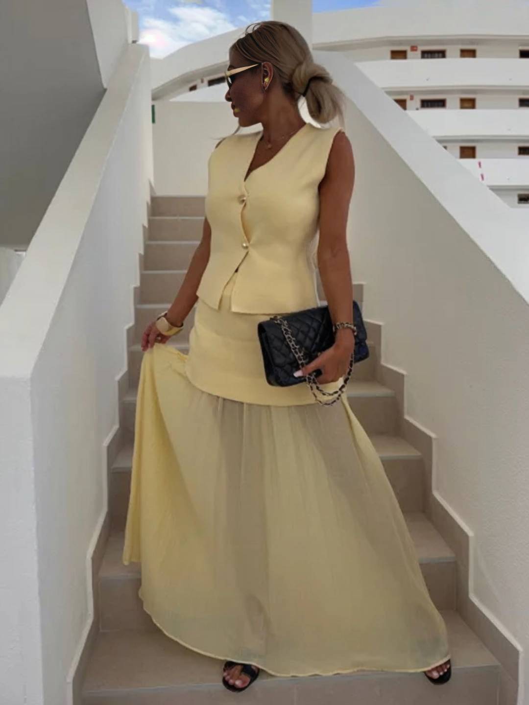 Cocolii tenu ensembles tailleur v-cou sans manches gilet et jupe tulle fluide d¨¦contract¨¦ chic pour vacances deux pi¨¨ces