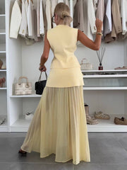 Cocolii tenu ensembles tailleur v-cou sans manches gilet et jupe tulle fluide d¨¦contract¨¦ chic pour vacances deux pi¨¨ces
