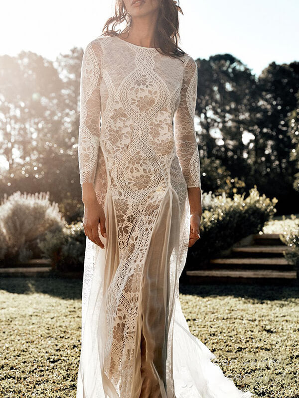 Derpai Elegantes langes Boho-Brautkleid mit Rückenausschnitt aus Spitze