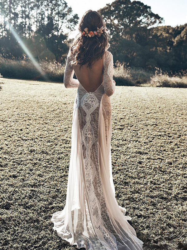 Derpai Elegantes langes Boho-Brautkleid mit Rückenausschnitt aus Spitze