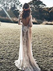 Derpai Elegantes langes Boho-Brautkleid mit Rückenausschnitt aus Spitze