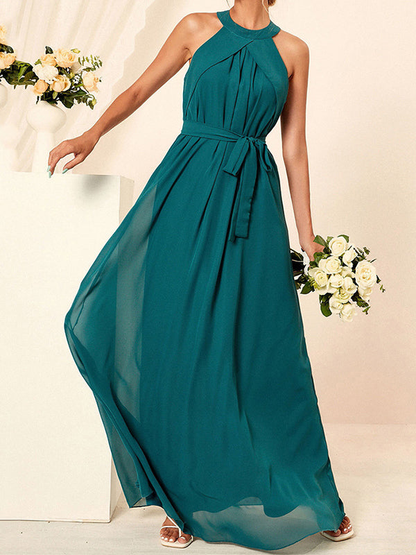 Derpai Elegantes Chiffonkleid für Brautjungfern mit Gürtel lang