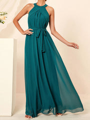 Derpai Elegantes Chiffonkleid für Brautjungfern mit Gürtel lang