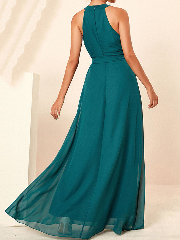 Derpai Elegantes Chiffonkleid für Brautjungfern mit Gürtel lang