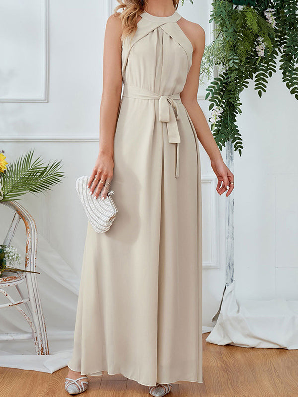 Derpai Elegantes Chiffonkleid für Brautjungfern mit Gürtel lang