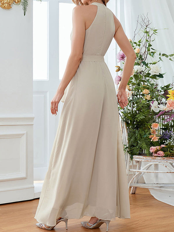 Derpai Elegantes Chiffonkleid für Brautjungfern mit Gürtel lang