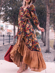 Derpai Boho-Kleid mit Rüschen & V-Ausschnitt lang Vintage-Orange