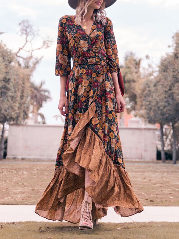 Derpai Boho-Kleid mit Rüschen & V-Ausschnitt lang Vintage-Orange