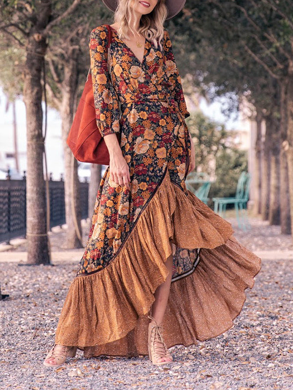 Derpai Boho-Kleid mit Rüschen & V-Ausschnitt lang Vintage-Orange