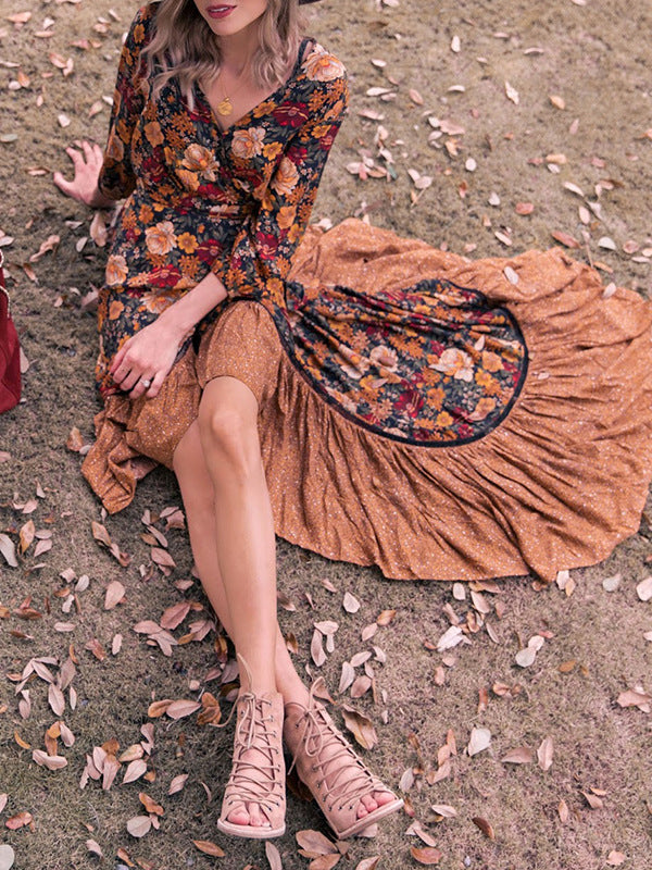 Derpai Boho-Kleid mit Rüschen & V-Ausschnitt lang Vintage-Orange