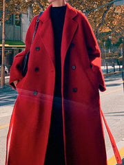 Derpai Langer oversized Wollmantel mit Gürtel Taschen und Reverskragen Damen