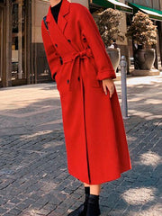 Derpai Langer oversized Wollmantel mit Gürtel Taschen und Reverskragen Damen