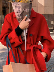 Derpai Langer oversized Wollmantel mit Gürtel Taschen und Reverskragen Damen