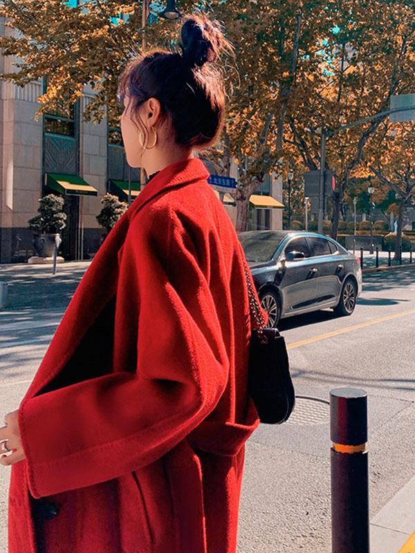 Derpai Langer oversized Wollmantel mit Gürtel Taschen und Reverskragen Damen