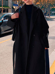 Derpai Langer oversized Wollmantel mit Gürtel Taschen und Reverskragen Damen