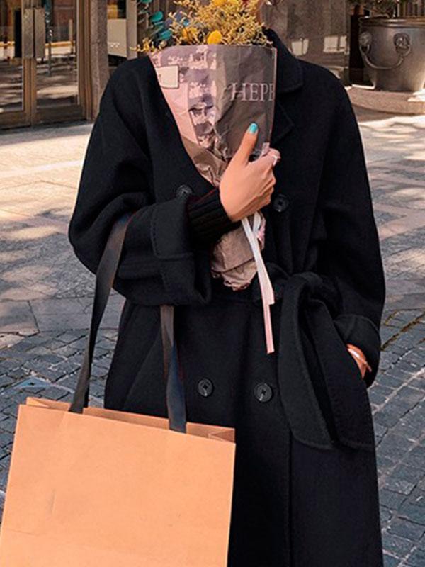 Derpai Langer oversized Wollmantel mit Gürtel Taschen und Reverskragen Damen