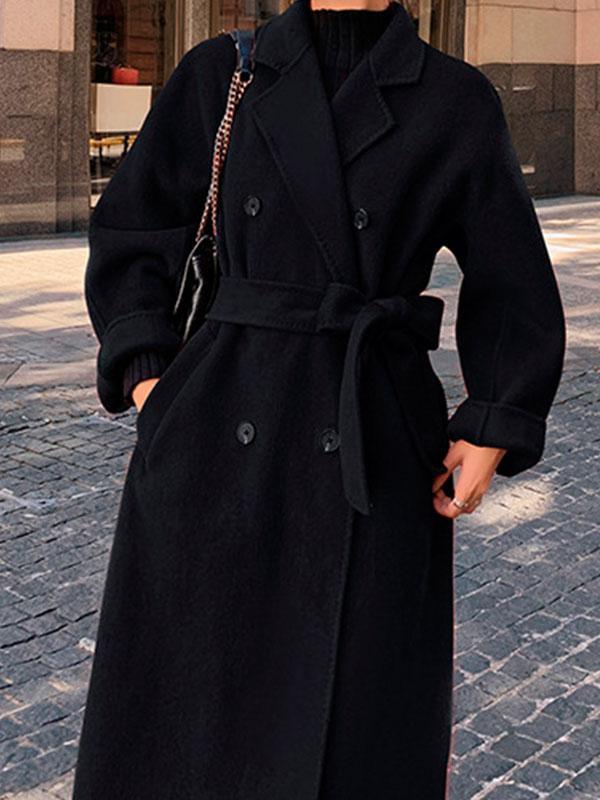 Derpai Langer oversized Wollmantel mit Gürtel Taschen und Reverskragen Damen