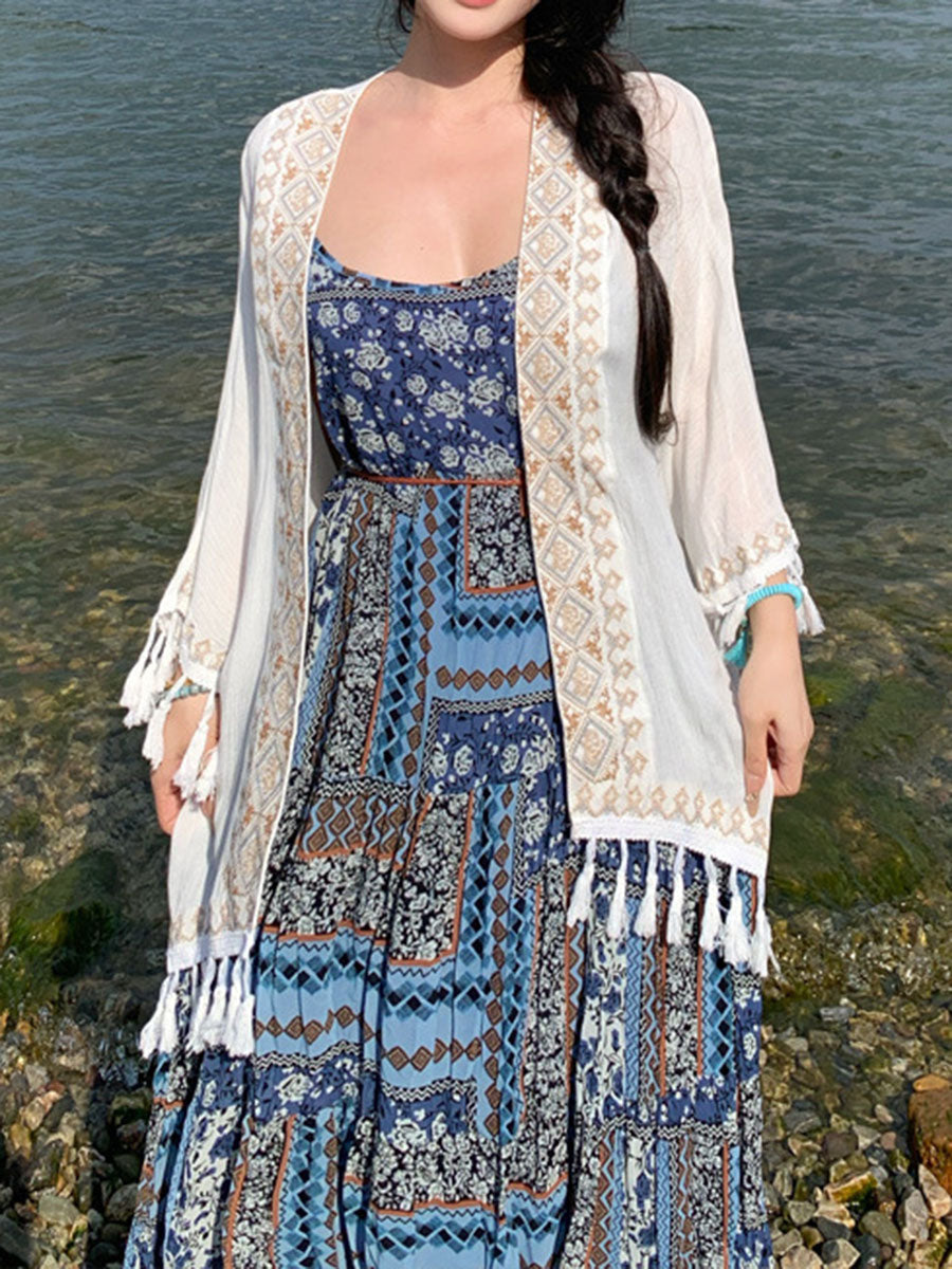 Derpai Langes Boho-Kleid mit Blumenprint und feinen Trägern Blau