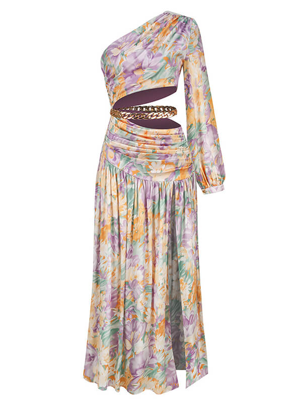 Derpai Langes Maxikleid mit Blumenprint & One-Shoulder-Träger