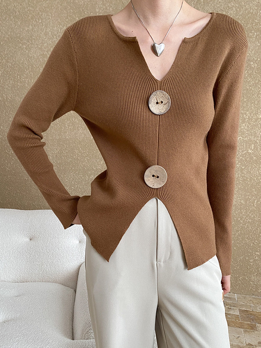 Derpai Figurbetonter Strickpullover mit V-Ausschnitt und Knöpfen Damen modisch