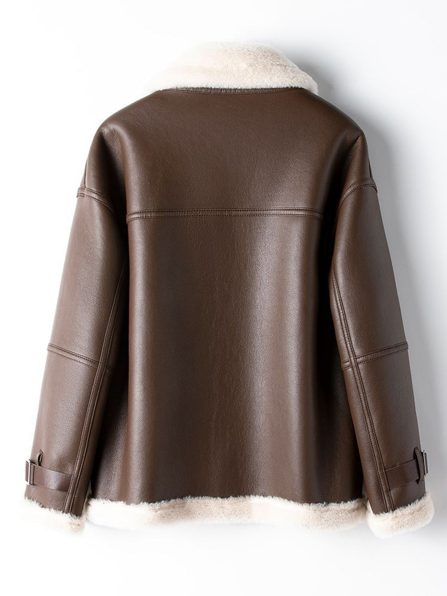 Derpai Fliegerjacke aus Kunstleder mit Reißverschluss Damen Winter