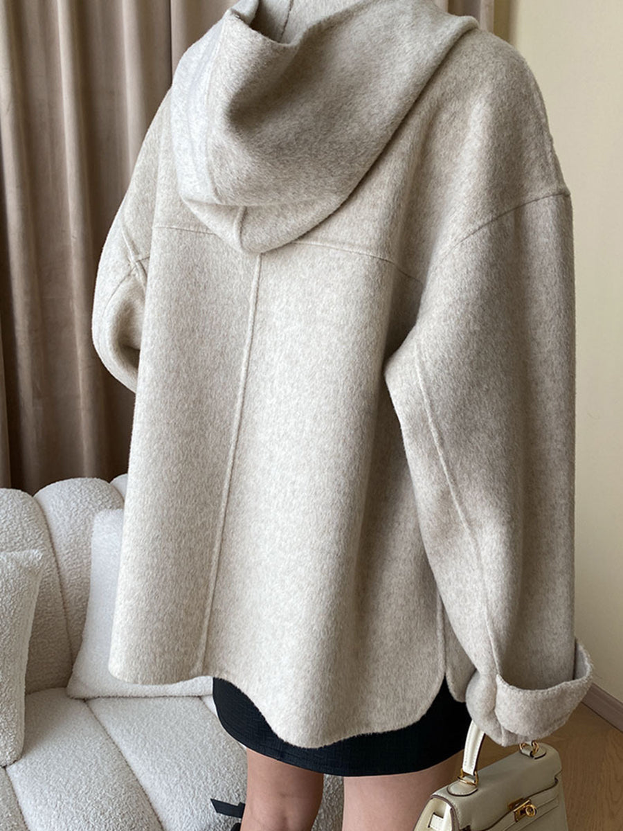 Derpai Damen-Cape aus Wolle mit Taschen Knopfleiste und Kapuze