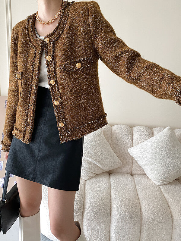 Derpai Kurze Tweedjacke mit Knöpfen Rundhalsausschnitt und Taschen Damen