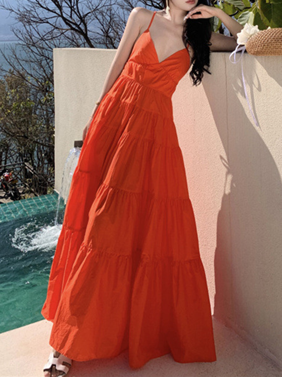 Derpai Grünes Maxikleid mit Rückenausschnitt und feinen Trägern – für Strand
