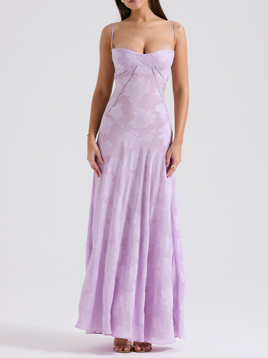 Derpai Elegantes langes Abendkleid mit Jacquardmuster und feinen Trägern – für Hochzeit