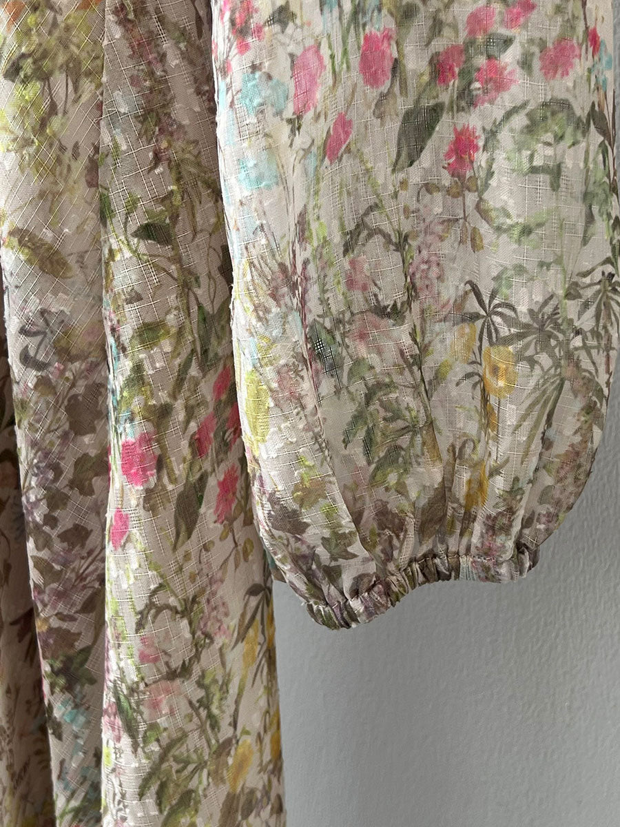 Derpai Elegantes langes Kleid mit Blumenprint Puffärmeln & V-Ausschnitt – für Urlaub