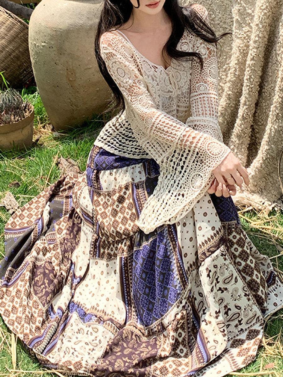Derpai Langer geblümter Maxirock im Ethno-Stil Violett Damen Boho