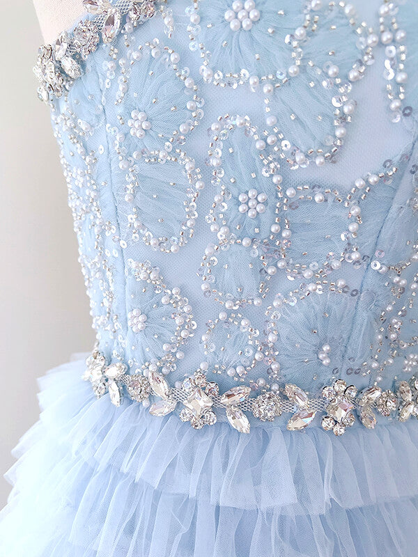 Derpai Zartes langes Ballkleid aus Tüll in Pastellblau mit Perlen & Strass
