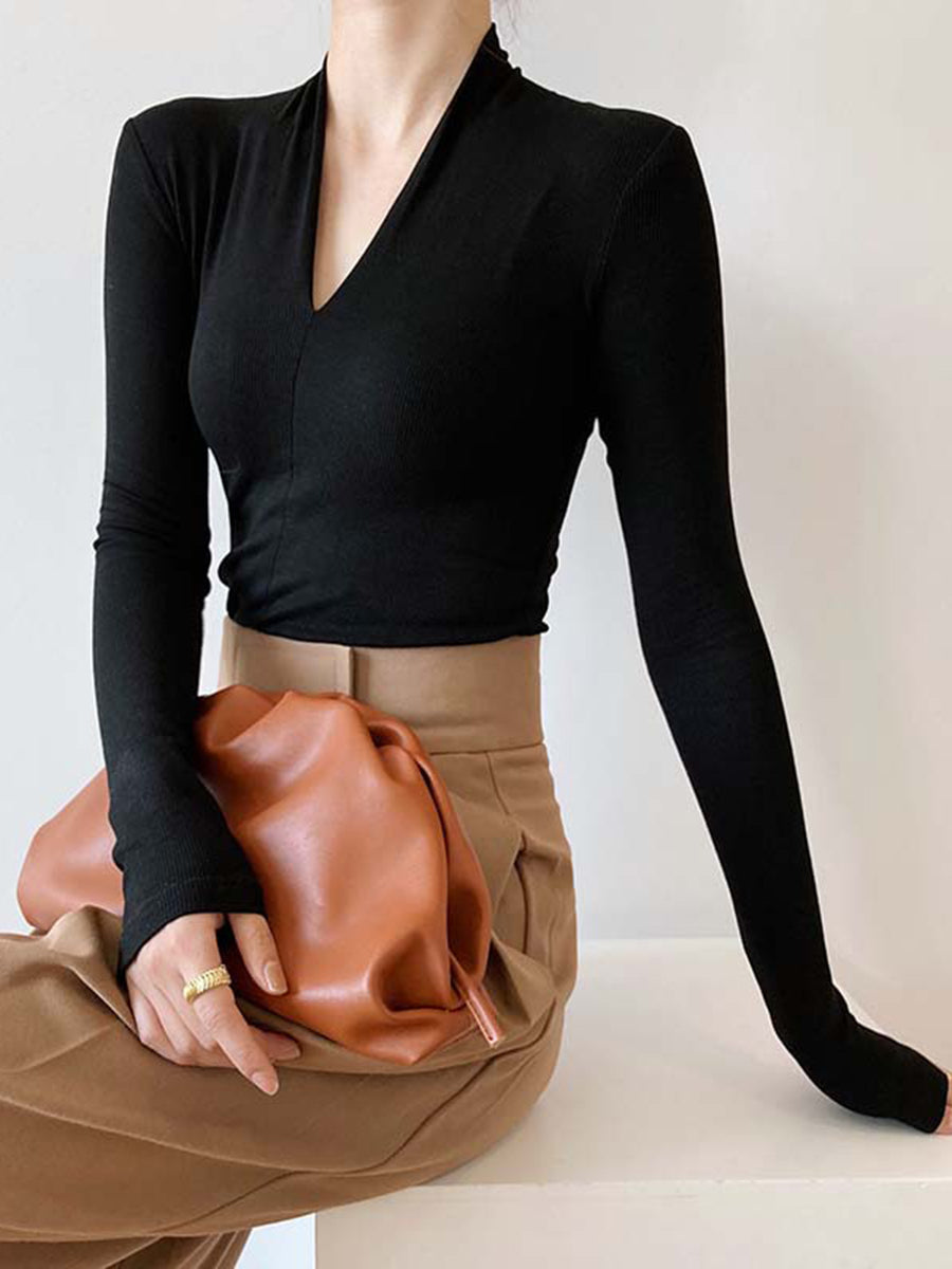 Derpai Geripptes Stricktop mit V-Ausschnitt und langen Ärmeln Damen