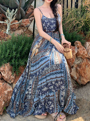 Derpai Langes Boho-Kleid mit Blumenprint und feinen Trägern Blau