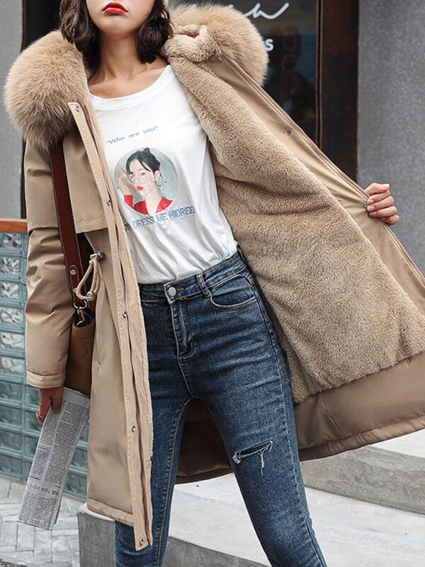 Derpai Lange Parka mit Fleece-Futter Taschen und Kapuze Damen Winter