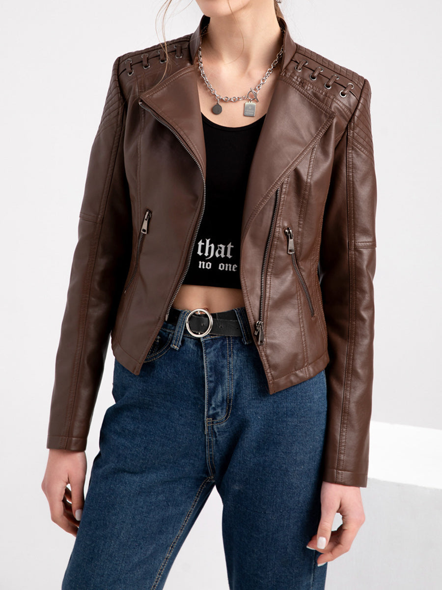 Derpai Damen-Perfecto aus PU-Leder mit Taschen und Reißverschluss