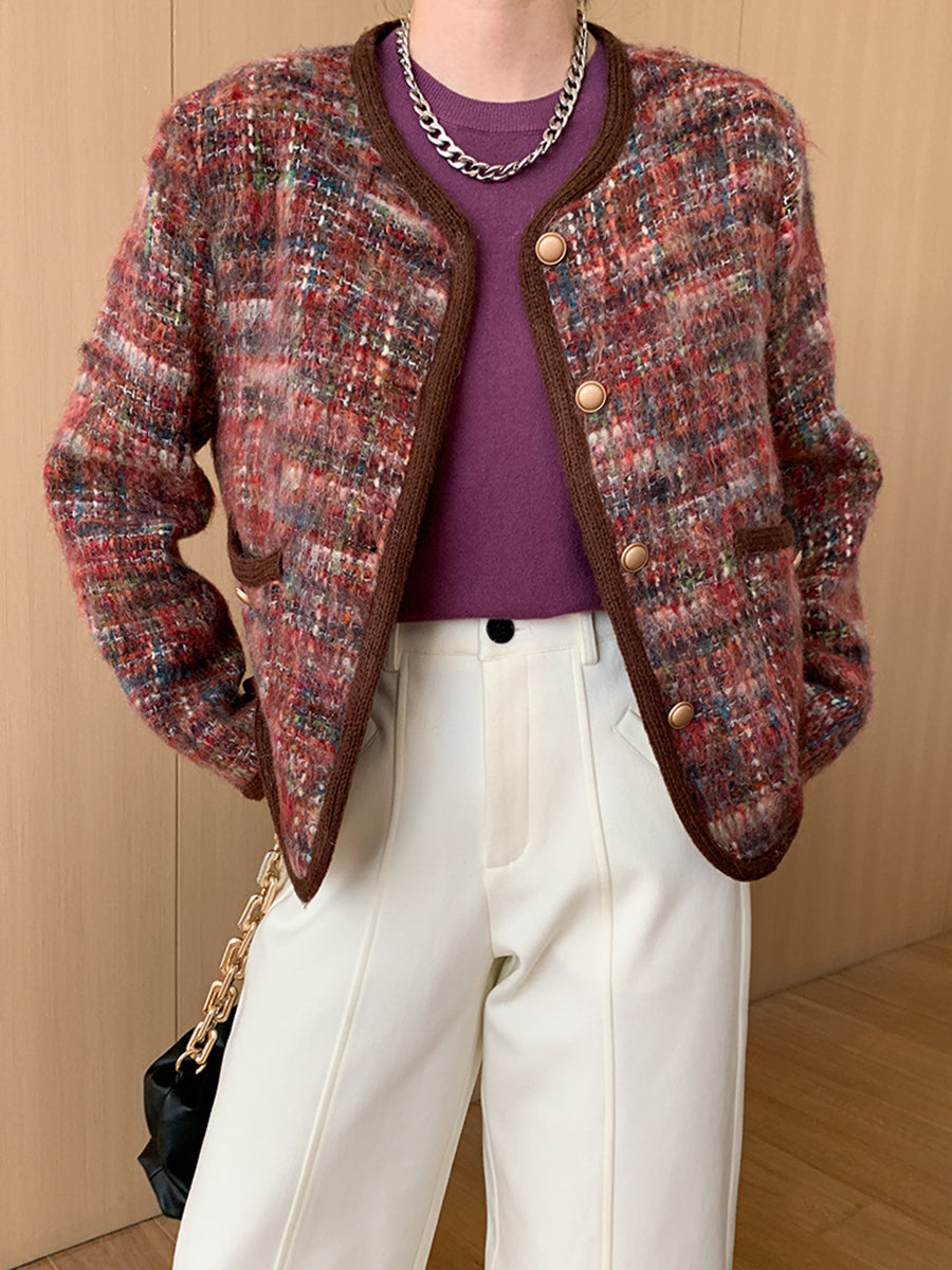 Derpai Karierte Tweedjacke mit kontrastierendem Besatz Damen Rot elegant Weihnachten
