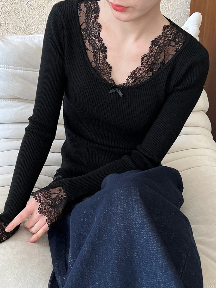 Derpai Strickpullover mit Spitzenmuster V-Ausschnitt ausgestellte Ärmel elegant