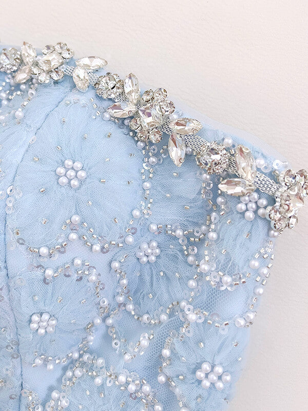 Derpai Zartes langes Ballkleid aus Tüll in Pastellblau mit Perlen & Strass