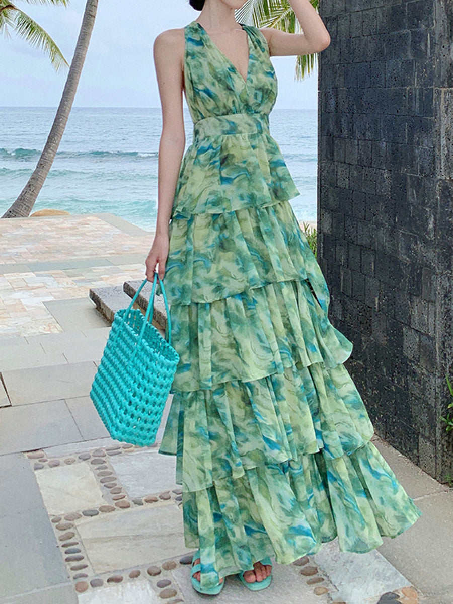 Derpai Langes Neckholder-Kleid mit Rüschen und Rückenausschnitt Grün
