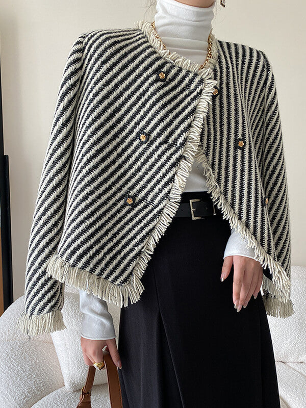 Derpai Kurze Tweedjacke mit Fransen Streifen und Taschen Damen elegant
